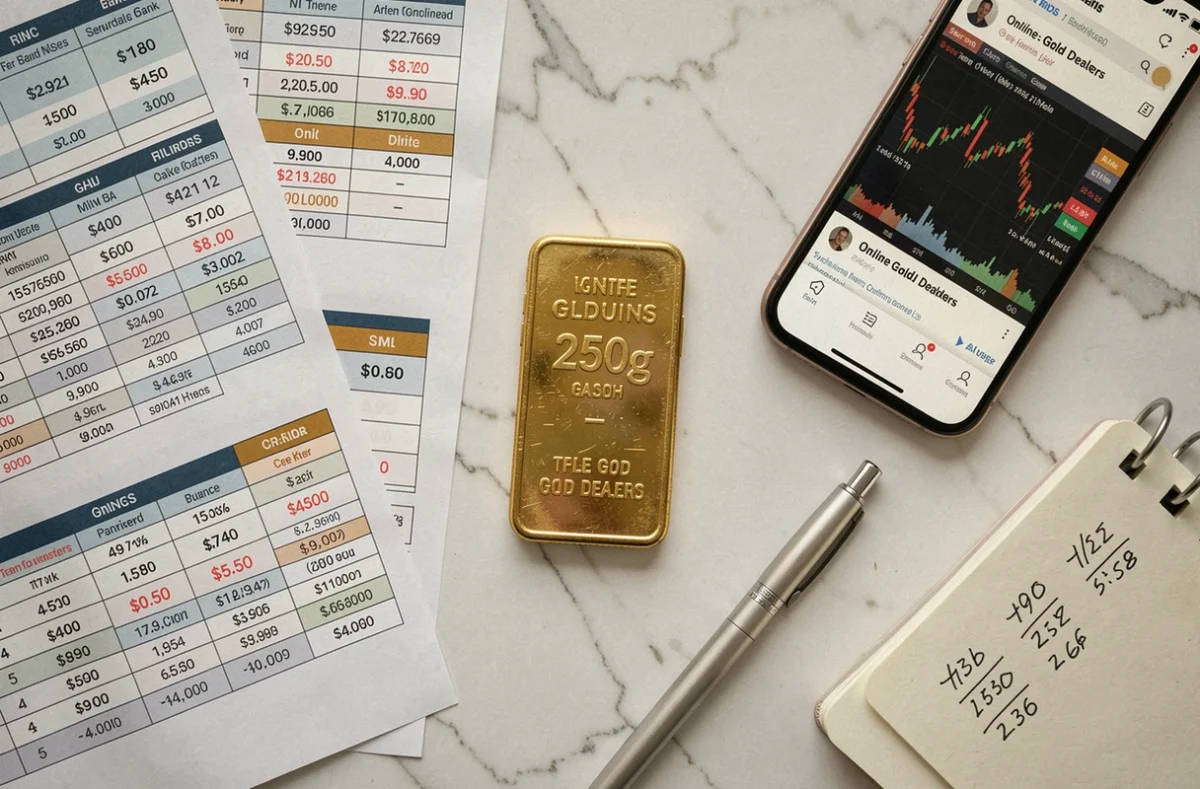 Vue aérienne d'un lingot d'or 250g entouré de tableaux comparatifs de prix de banques et sites marchands en ligne
