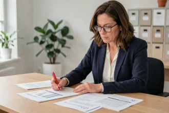 Comptable femme révisant les bilans comptables et marquant les dates limites sur un calendrier dans un bureau professionnel moderne