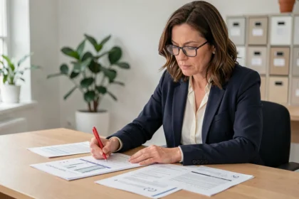 Comptable femme révisant les bilans comptables et marquant les dates limites sur un calendrier dans un bureau professionnel moderne