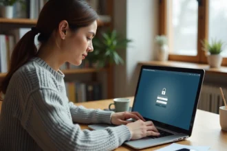 Femme connectée à son espace client LCL sur un ordinateur portable dans un bureau à domicile sécurisé