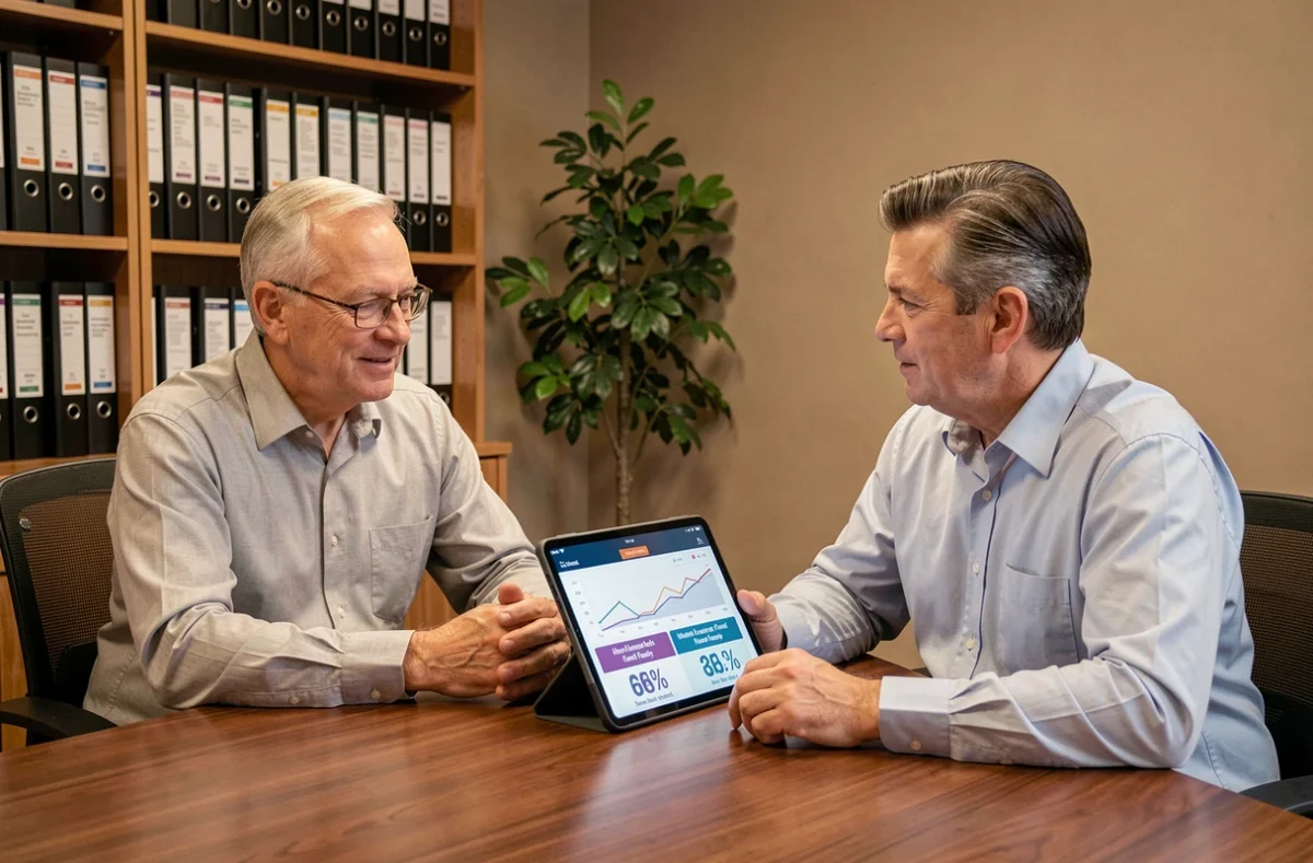 Investisseur et conseiller financier discutant des frais de gestion d'une SCPI autour d'une tablette