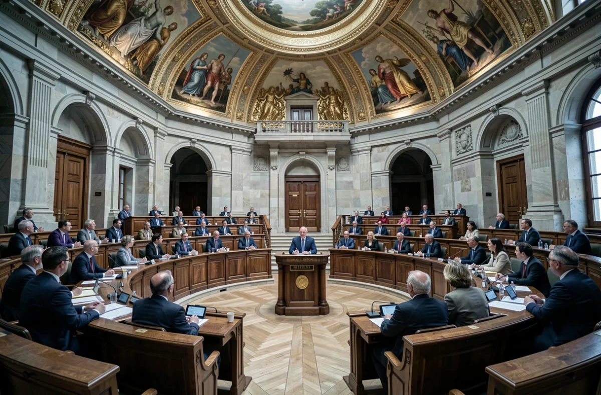 Séance du conseil municipal de Paris dans une salle institutionnelle dorée avec élus en session