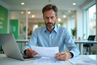 Conseiller bancaire Crédit Agricole analysant des documents sur un compte à terme avec graphiques de taux d'intérêt
