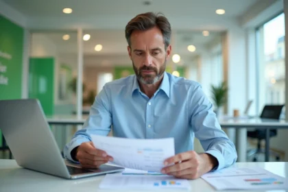 Conseiller bancaire Crédit Agricole analysant des documents sur un compte à terme avec graphiques de taux d'intérêt