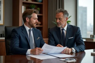 Client en costume et conseiller de banque privée BNP Paribas examinant des documents financiers dans un bureau luxueux et discret