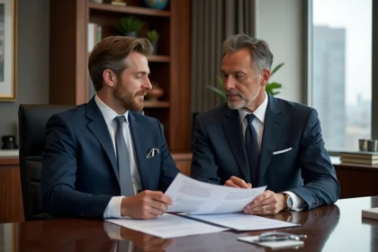 Client en costume et conseiller de banque privée BNP Paribas examinant des documents financiers dans un bureau luxueux et discret