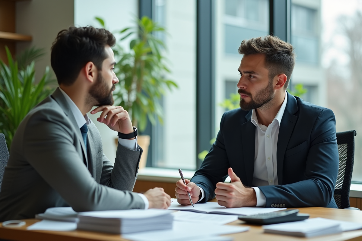 Conseiller financier expliquant un prêt à un jeune professionnel