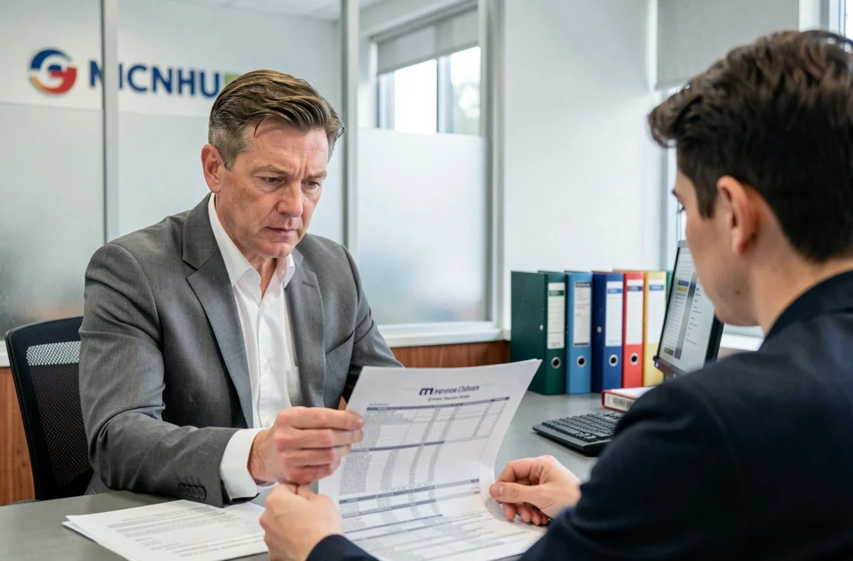 Conseiller financier et client examinant ensemble les conditions d'un prêt Casden lors d'un entretien bancaire