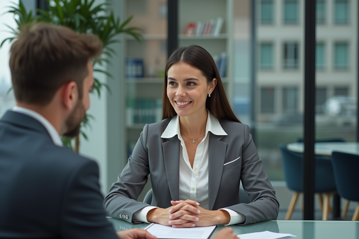 Conseillère financière en discussion avec un client dans un bureau moderne