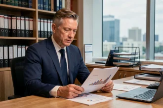 Un conseiller financier en costume navy analyse des documents liés aux SCPI et à l'IFI dans un bureau professionnel moderne