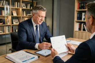 Conseiller financier présentant un classement de SCPI en assurance vie à un client dans un bureau bancaire moderne