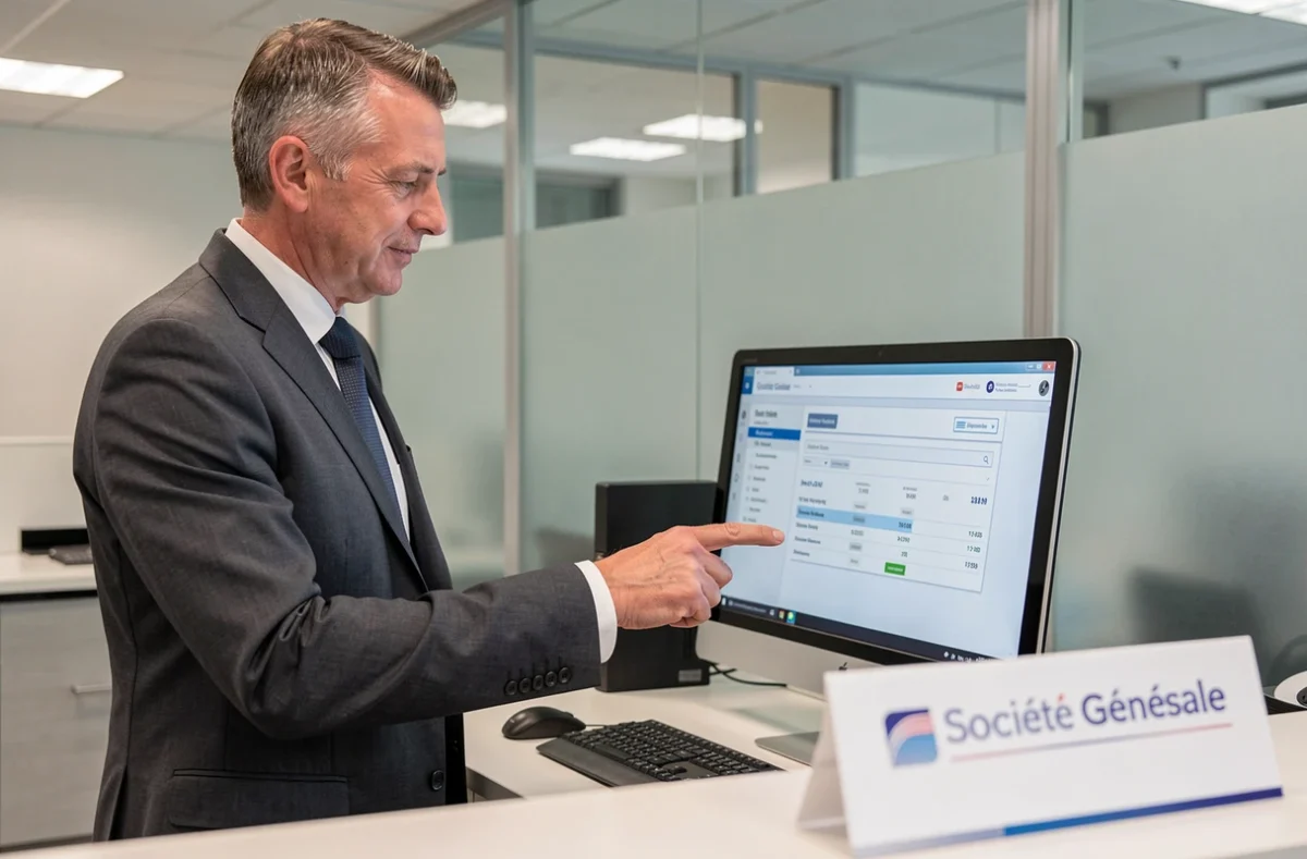 Conseiller bancaire Société Générale présentant les réglages essentiels du compte client sur un écran d'agence