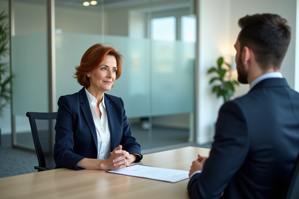 Femme consultant un conseiller financier pour le rachat de sa rente accident du travail dans un bureau professionnel