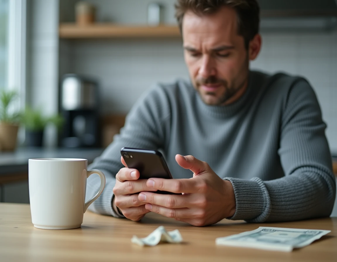 Homme consultant sa facture Free sur smartphone dans une cuisine moderne