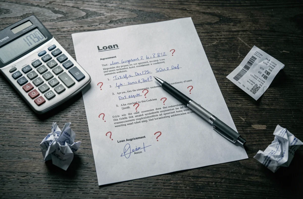 Contrat de prêt annoté en rouge avec calculatrice et documents financiers illustrant des erreurs de lending