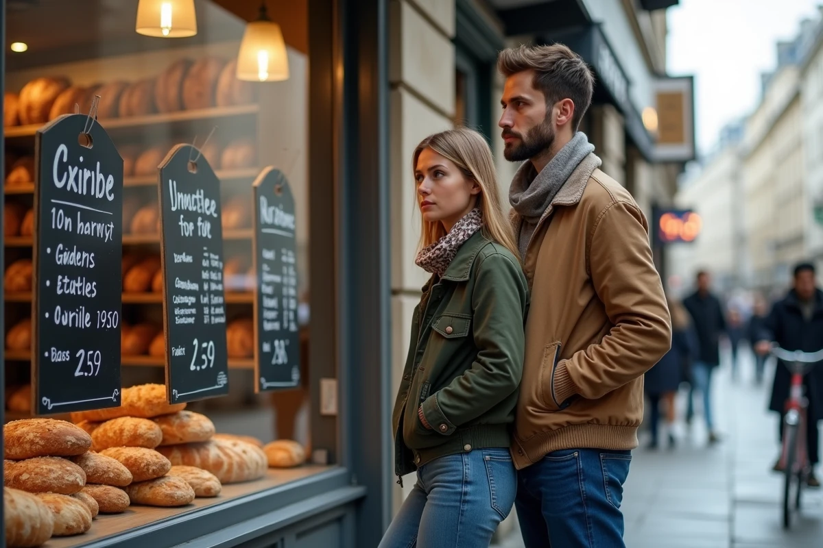 Un couple de jeunes adultes devant une boulangerie parisienne observant les prix affichés, symbolisant l'érosion du pouvoir d'achat face à l'inflation mesurée par l'Insee en 2026