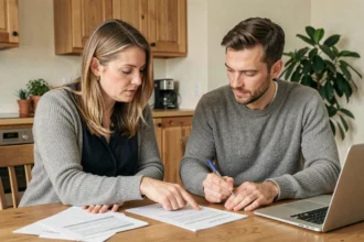Couple comparant des contrats d'assurance emprunteur à leur table de cuisine