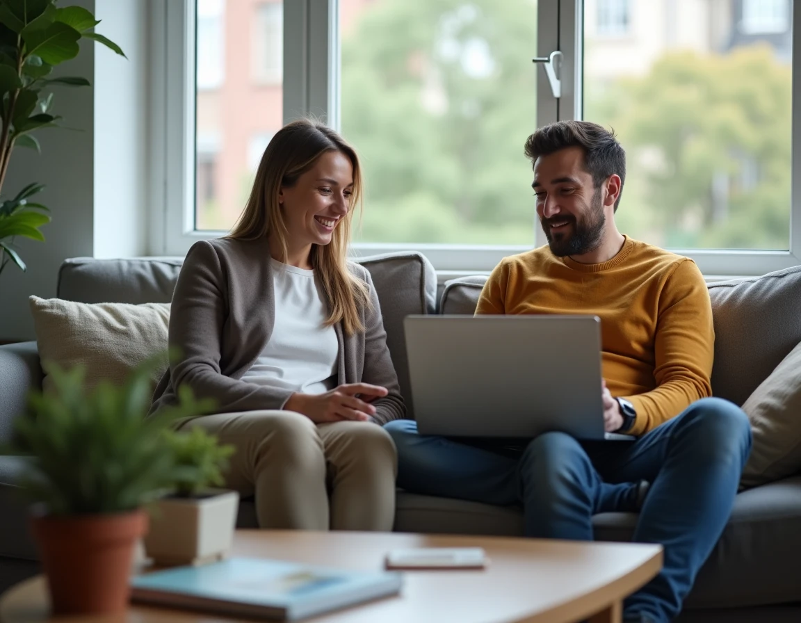 Couple comparant des offres d'assurance voyage sur un ordinateur portable avant de partir à l'étranger