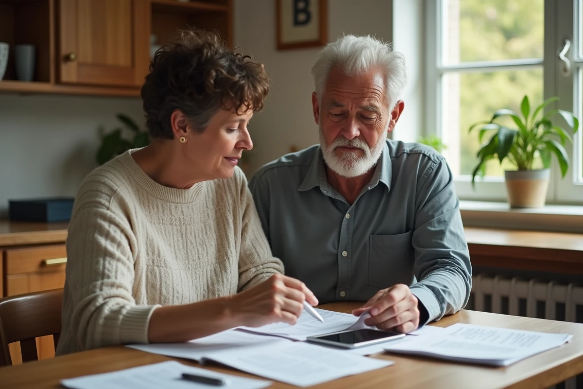 Couple discutant de documents dans une cuisine chaleureuse