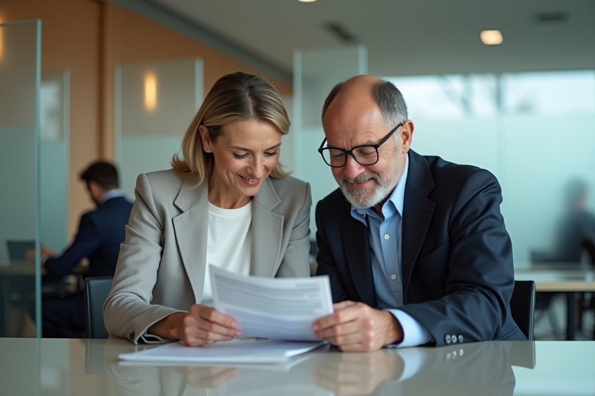 Couple en business casual consulte brochure bancaire dans un salon