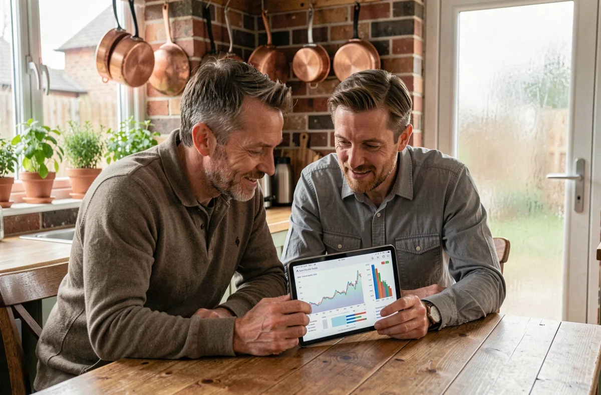 Couple consultant des informations sur les SCPI sur une tablette dans leur cuisine