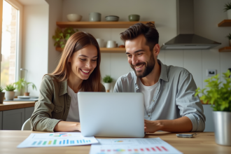 Jeune couple souriant comparant des documents d'assurance à la maison