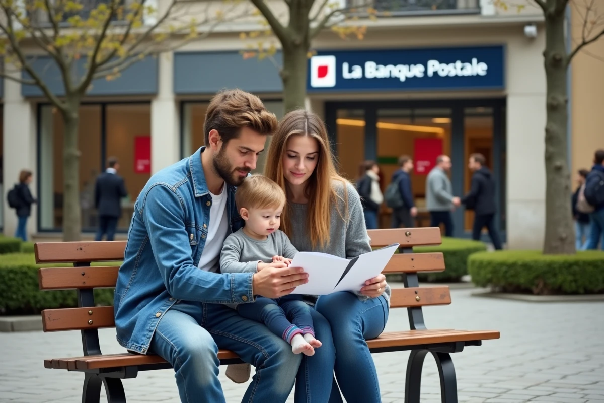 Jeune couple discutant de finances sur un banc de parc