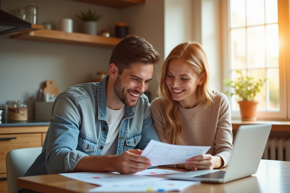 Jeune couple souriant en cuisine avec documents financiers