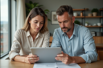 Couple en réunion pour un prêt immobilier dans un appartement moderne
