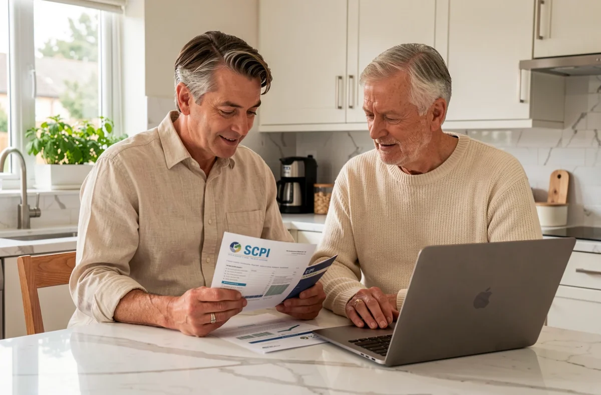 Couple étudiant ensemble les options de placement SCPI depuis leur cuisine