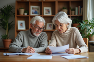 Couple de retraités examine des brochures à la maison