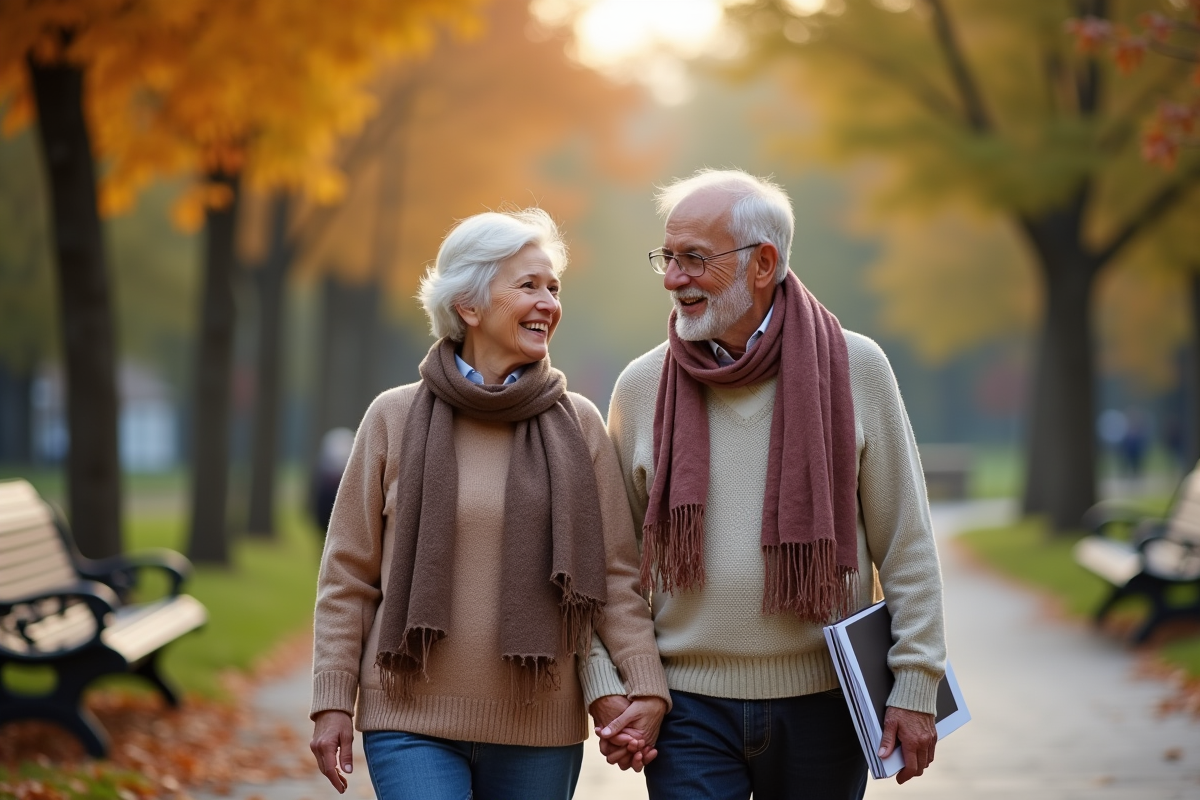 Couple retraité marchant dans un parc automnal en souriant