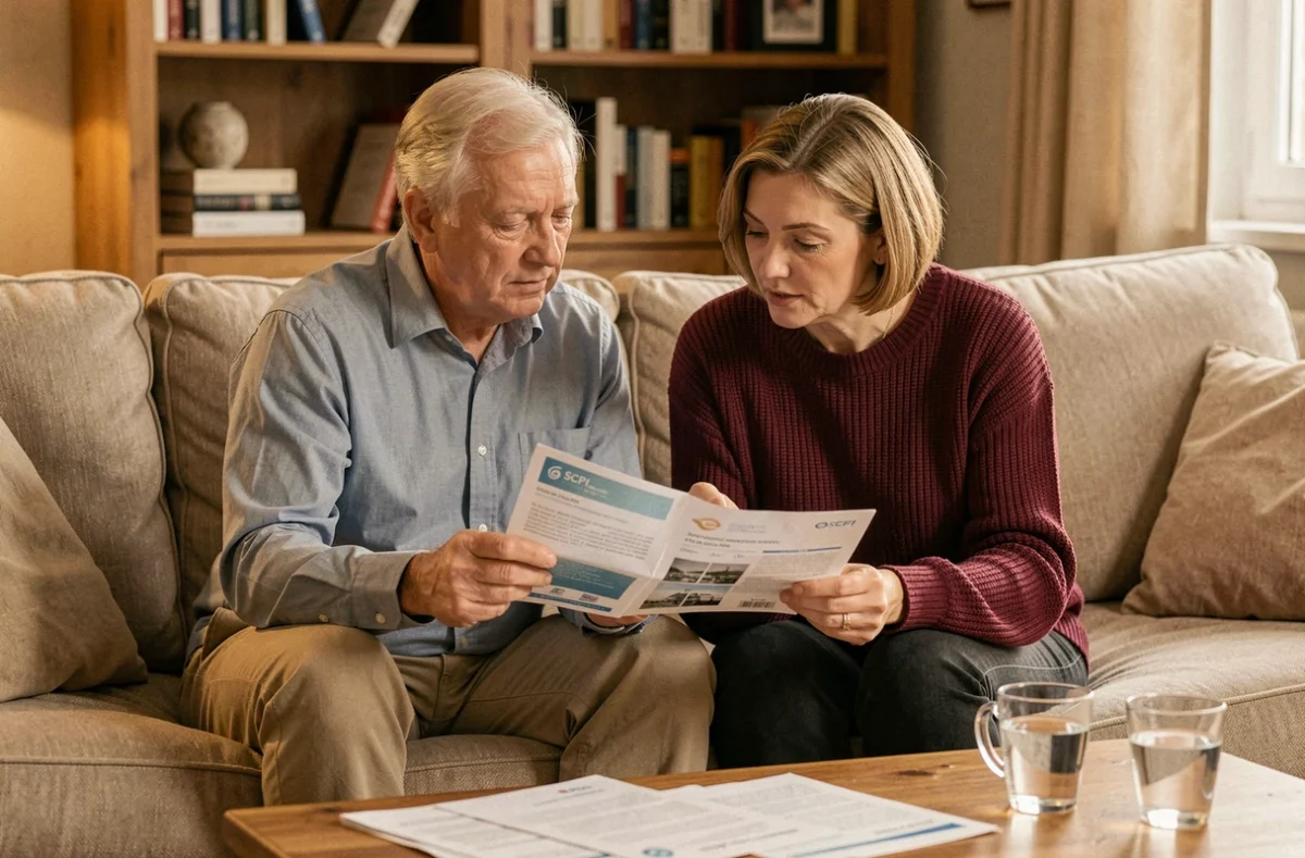Couple de retraités examinant ensemble une brochure de SCPI en assurance vie dans leur salon