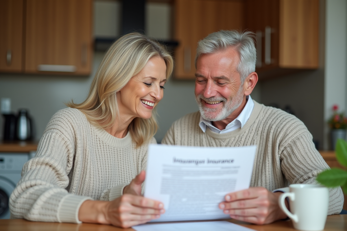 Couple heureux consulte des documents dans leur cuisine