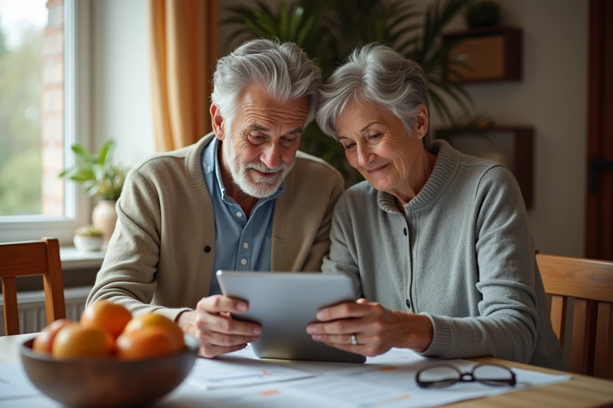 Couple de seniors consultant ensemble leur espace client CMB sur une tablette à la maison