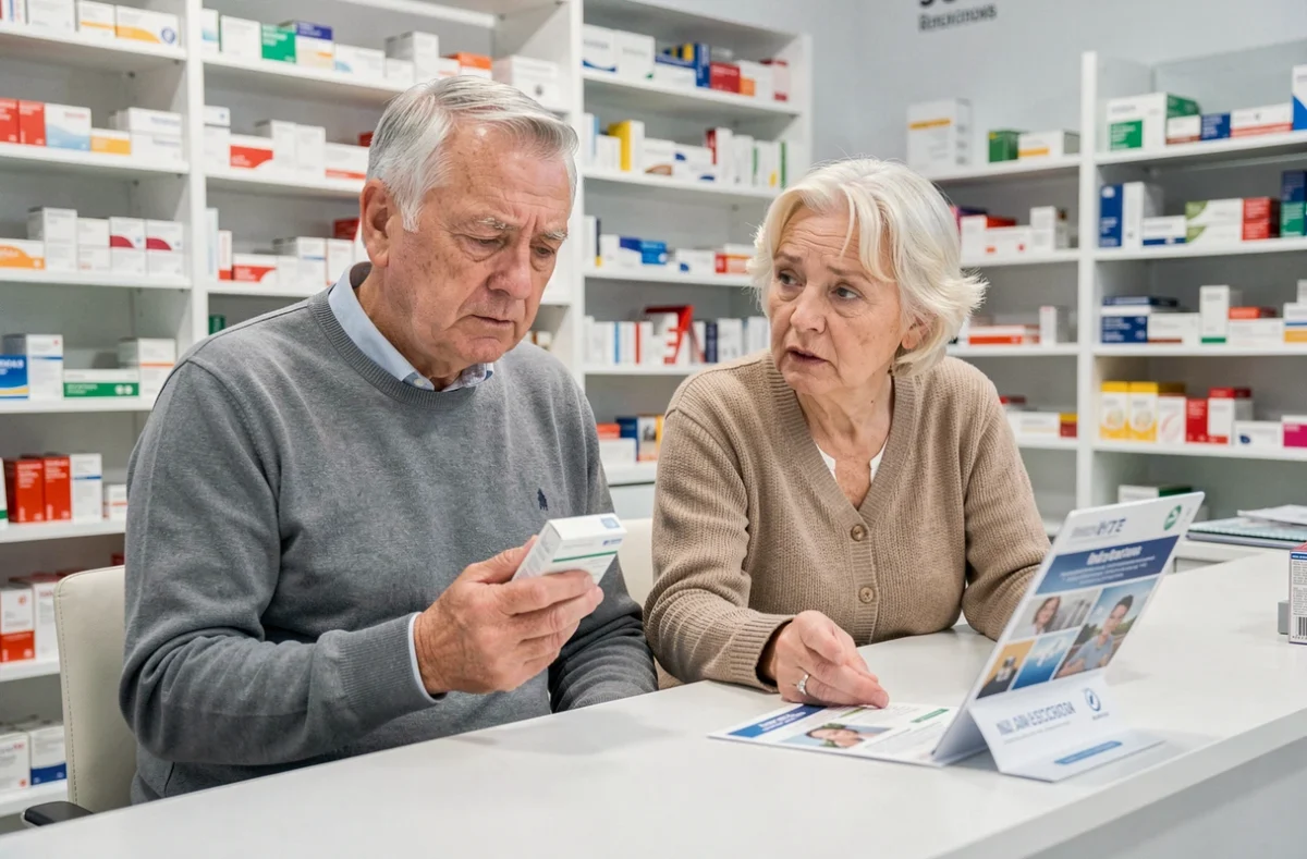 Un couple de seniors en consultation à la pharmacie avec une mutuelle senior