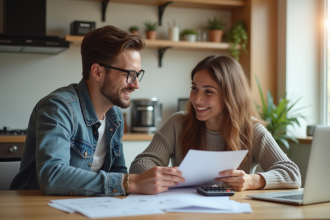 Couple souriant discutant finances dans une cuisine lumineuse