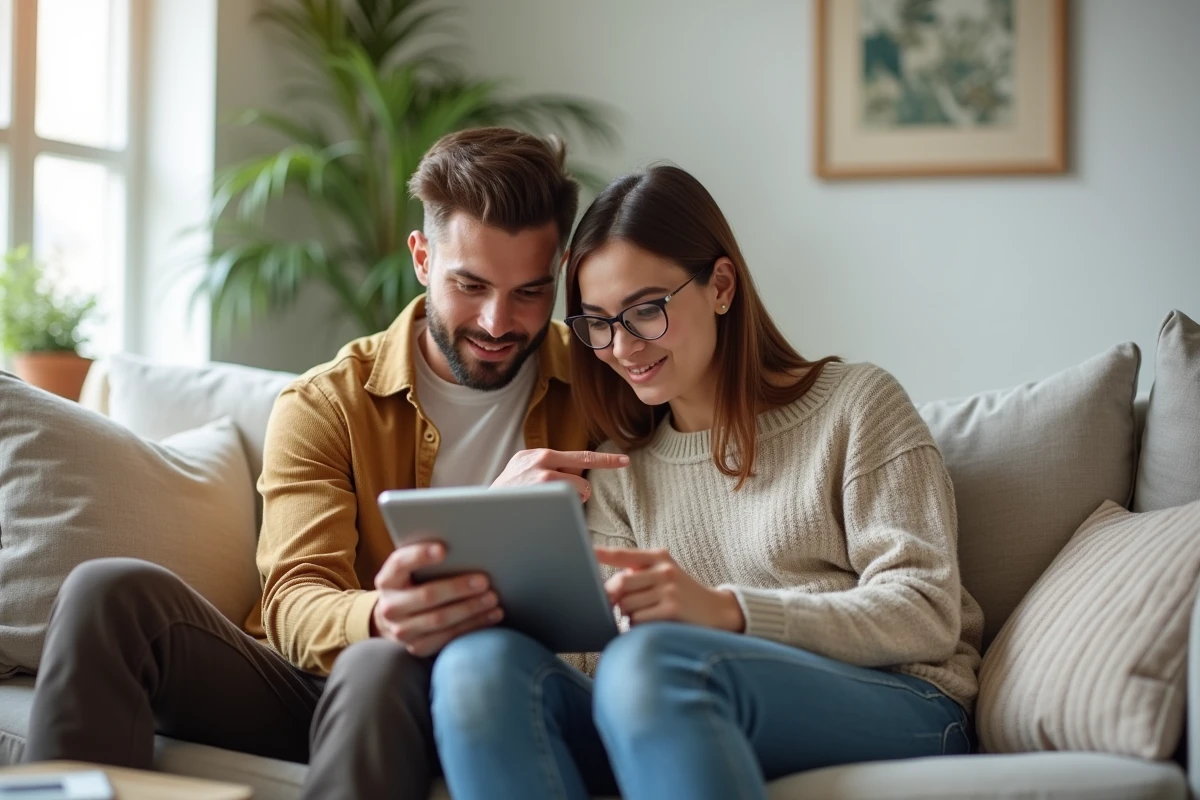 Couple examinant ensemble les détails de leur souscription d'assurance sur une tablette dans leur salon