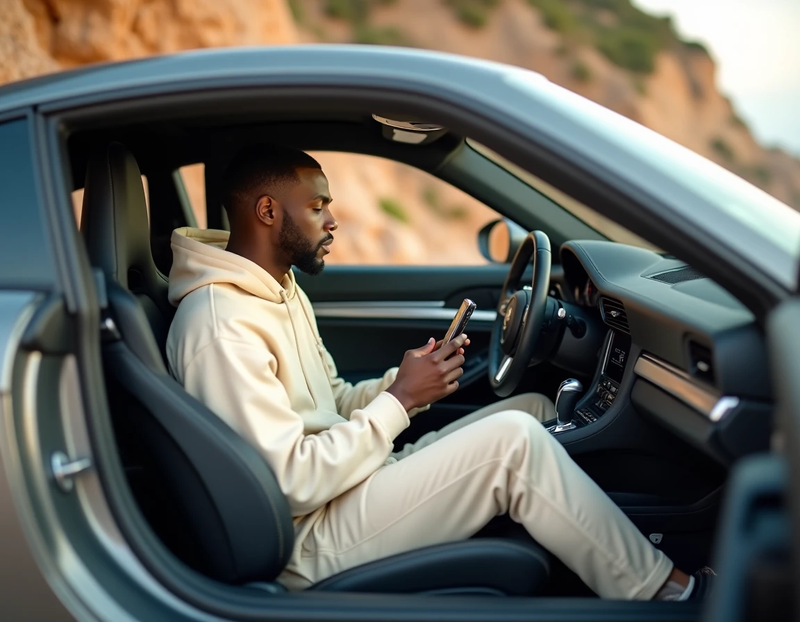Créateur de contenu automobile assis dans une Porsche 911 grise sur une route côtière avec son smartphone