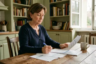 Femme d'une cinquantaine d'années étudiant des documents de mutuelle et de complémentaire santé à son bureau à domicile