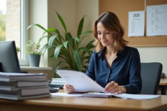 Professeure de l'éducation nationale consultant les documents de paie 2026 dans un bureau administratif scolaire