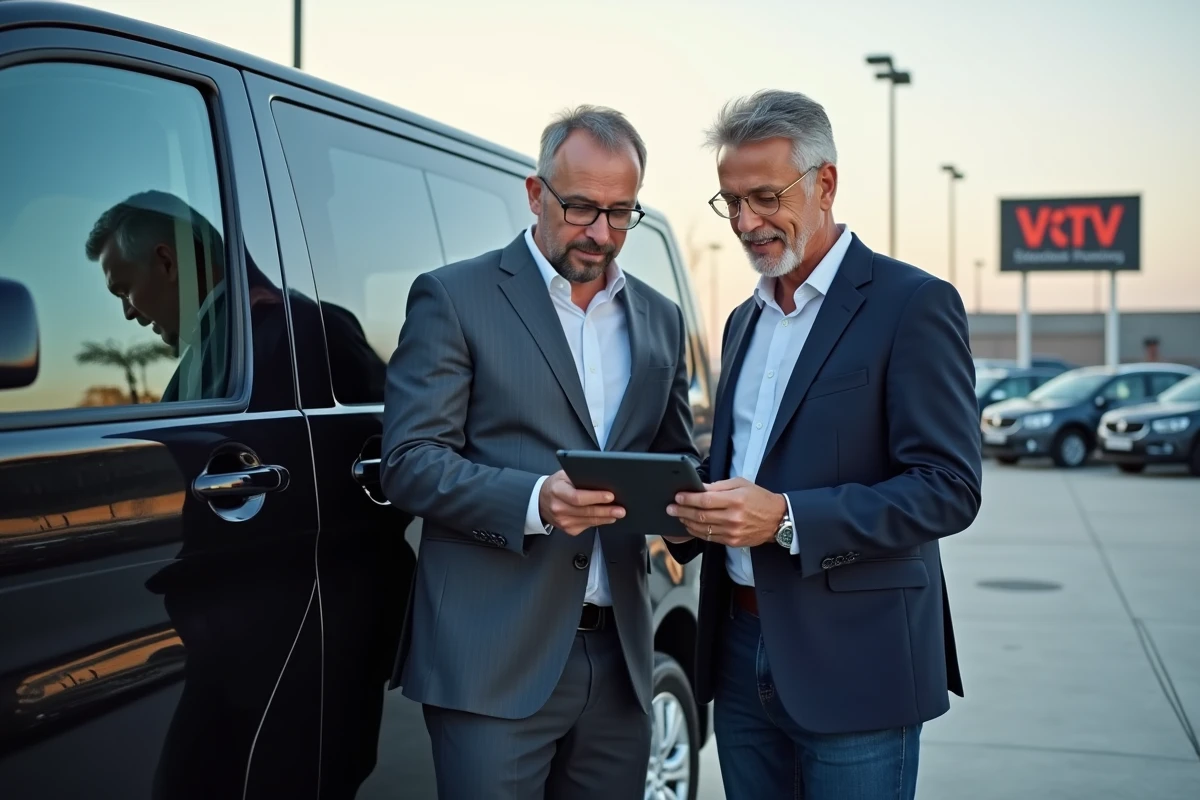 Deux hommes discutent devant un véhicule en concession