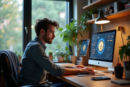 Jeune homme developpeur crypto au bureau moderne
