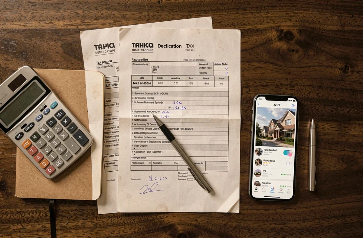 Vue de dessus d'un bureau avec des documents fiscaux, une calculatrice et des notes manuscrites sur les SCPI et l'IFI