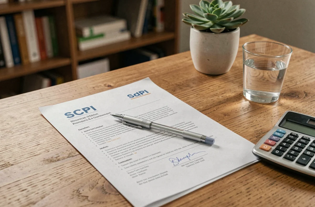 Documents d'un prospectus SCPI avec calculatrice et crayon sur un bureau en bois pour analyser les frais