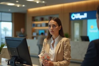 Femme échangeant des dirhams marocains contre des euros au guichet d'une banque moderne