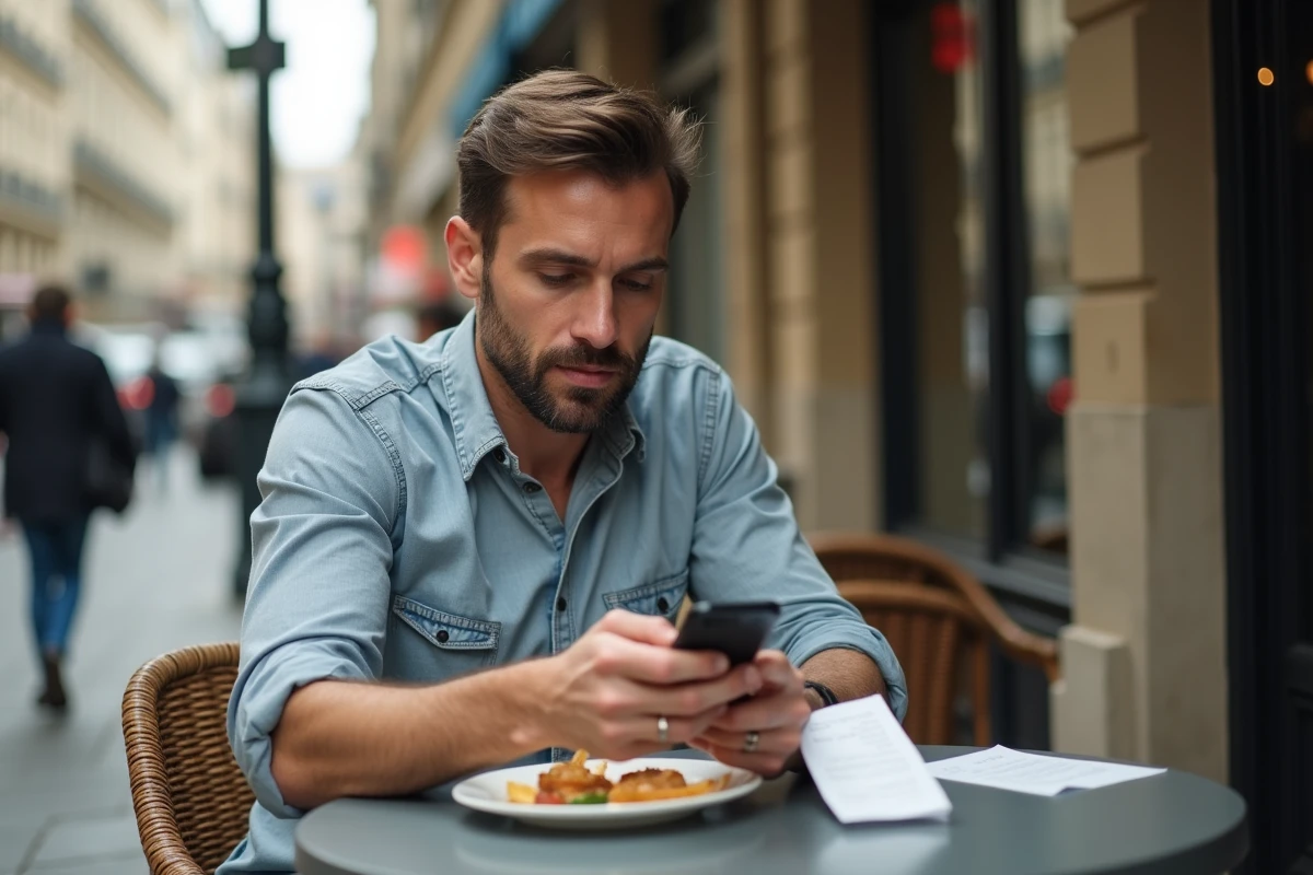 Employé consultant son téléphone au restaurant pour vérifier les nouvelles tolérances fiscales sur les frais de repas 2026