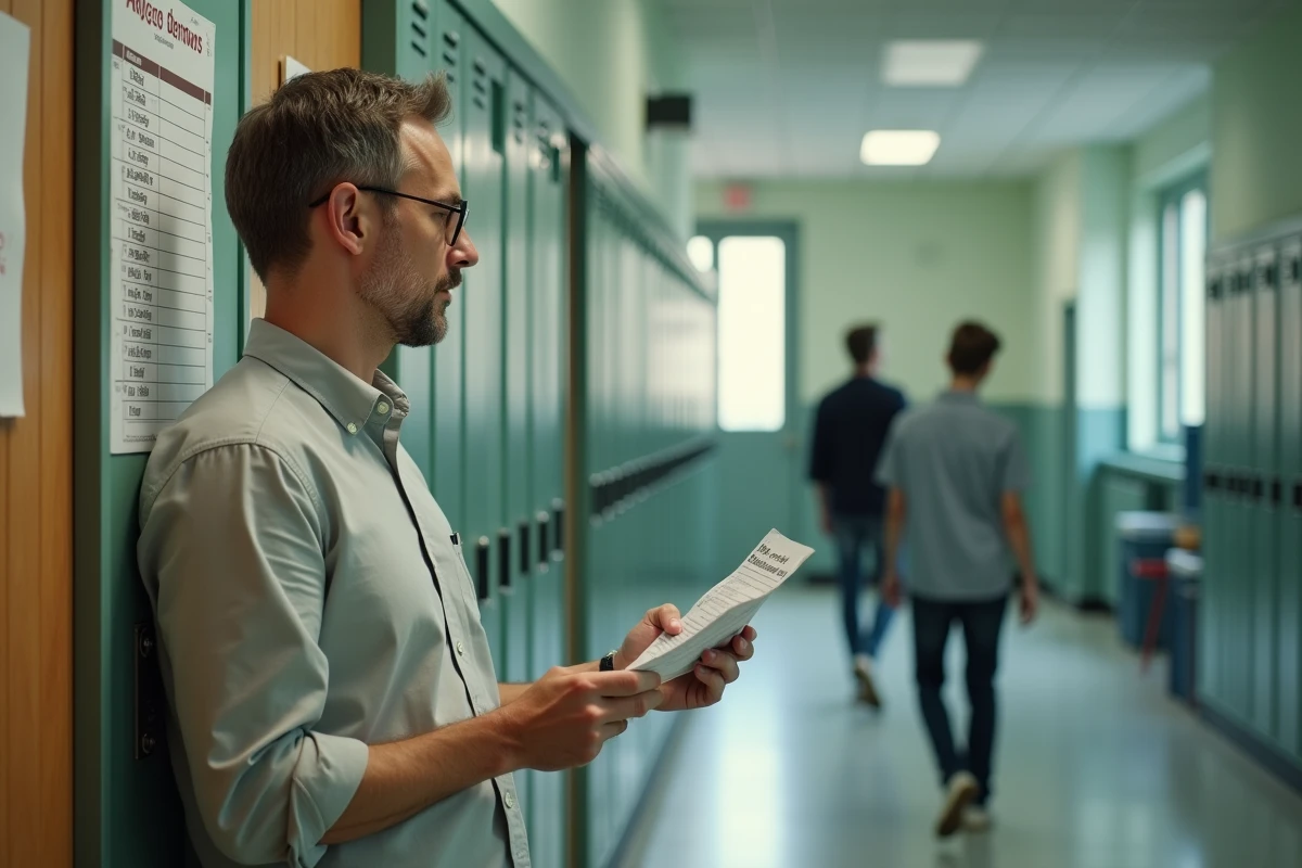 Enseignant contractuel lisant le calendrier des dates de paiement 2026 affiché dans un couloir d'école