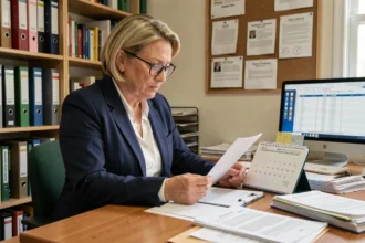Enseignante de l'éducation nationale consultant le calendrier de paie 2026 dans un bureau administratif scolaire