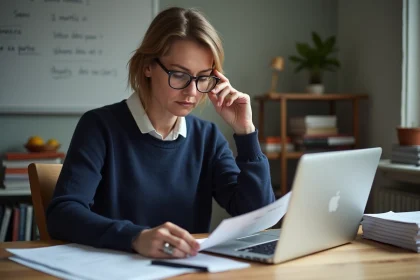 Professeure française examine un bulletin de salaire